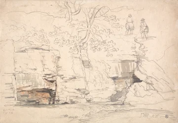 Une colline rocheuse avec des arbres et des figures