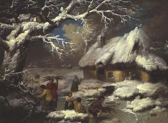 Figures ramassant des fagots dans un paysage d
