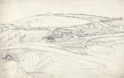 Paysage avec ferme et gerbes de maïs