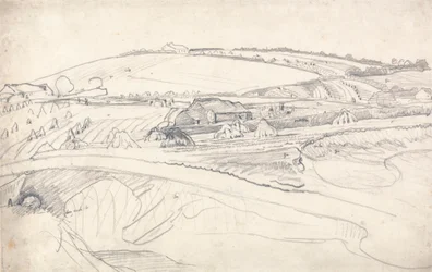 Paysage avec ferme et tiges de maïs