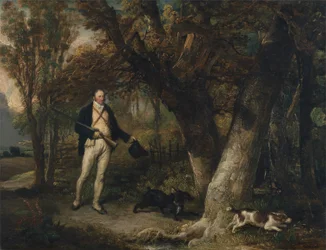 Portrait du révérend Thomas Levett et de ses chiens favoris, à la chasse au coq
