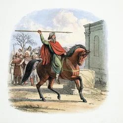 Le Grand Prêtre, Coifi, profane le Temple des Idoles, 627 après J.-C., tiré de A Chronicle of England BC 55 to AD 1485, pub. Londres, 1863