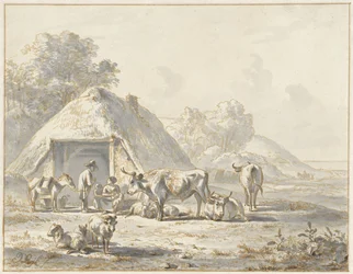 Bétail et figures devant une grange