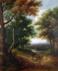 Paysage boisé avec voyageurs sur un chemin