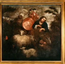 Berger avec chèvres et âne