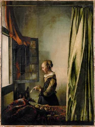 Femme lisant une lettre à la fenêtre ouverte (huile sur toile)