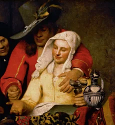 Un homme tend une pièce à une femme qui se touche le sein, détail de «L