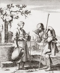 Une femme donne à boire à un pèlerin