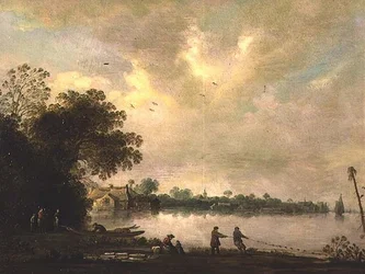 Un paysage fluvial avec pêcheurs tirant un filet