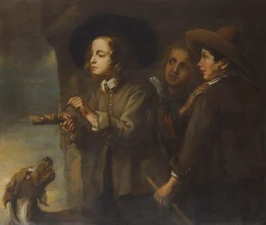 Trois garçons allumant un bâton de poudre (huile sur toile)