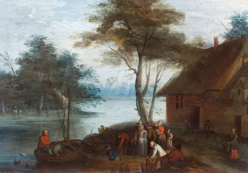 Paysage fluvial avec des personnages près d