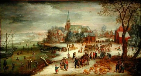 Vue de Shelle et de la rivière Escaut en hiver avec un marché et des patineurs
