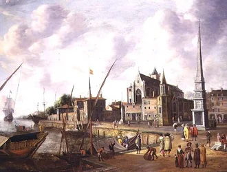 Scène de port méditerranéen avec des figures élégantes sur le quai et des navires en mer au loin