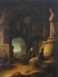 Un ermite en prière dans une grotte avec des ruines classiques