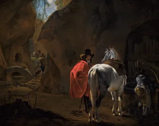 Un gentleman avec un cheval gris dans un paysage caverneux