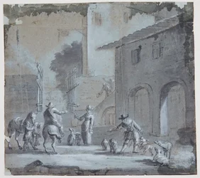 Scène de rue avec une porte ouverte, des figures et des animaux
