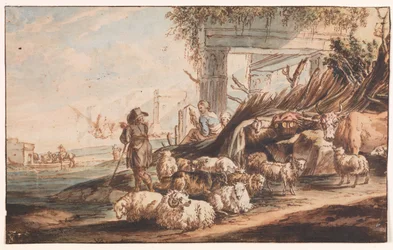 Berger avec un troupeau de moutons et une vache parmi les ruines