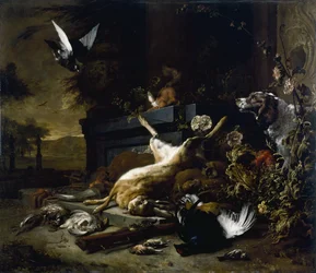 Nature morte de gibier avec un lièvre, un tétras lyre et une perdrix, un épagneul regardant avec un pigeon en vol