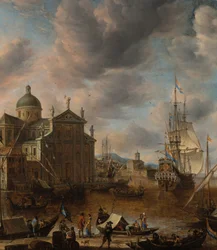 Un port de capriccio méditerranéen avec des personnages conversant sur un quai et un trois-mâts néerlandais amarré au loin, 1665