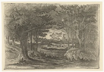 Paysage forestier avec cinq moutons