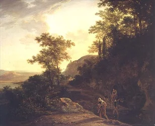 Paysage boisé italien avec des voyageurs traversant un ruisseau sur un col de montagne
