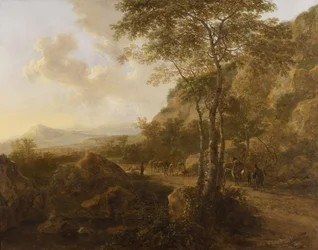 Paysage de montagne avec des muletiers sur une piste