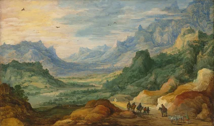 Paysage montagneux avec voyageurs et bergers sur un chemin