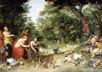 Allégorie des éléments, Terre, Air et Eau : Nymphes se baignant dans une clairière boisée avec des trophées de chasse à proximité, c.1621