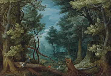 Paysage de forêt avec des chasseurs à la poursuite d
