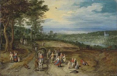 Vaste paysage boisé avec des voyageurs sur un chemin et des paysans dansant au premier plan / Landscape with Travellers and Peasants on a Track