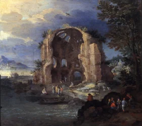Paysage côtier avec pêcheurs et ruines du temple de Minerva Medica