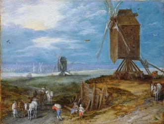 Néerlandais : Vaste paysage avec moulins, paysans et attelages au premier plan Vaste paysage avec moulins, paysans et attelages au premier plan