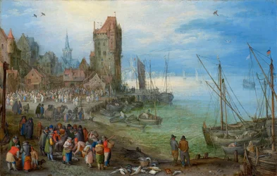 Scène portuaire avec marché aux poissons