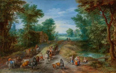 Paysage boisé avec voyageurs