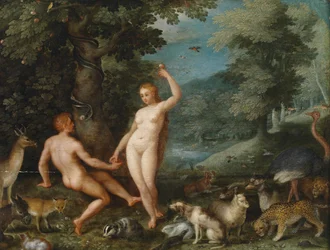 Paysage du paradis avec Ève tentant Adam