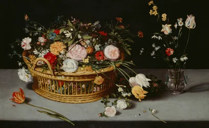 Nature morte avec panier et vase de fleurs