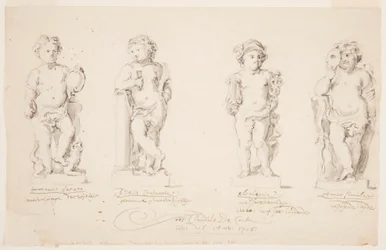 Dessin, projets de statues : "Sagesse". "Constance". "Eloquence". "Cupidon déguisé", 1726