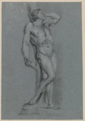 Nu masculin, debout, adossé à un arbre