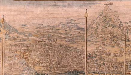 Tapisserie flamande. Série La Conquête de Tunis. Revue des troupes à Barcelone. Deuxième tapisserie de la série. Modèle Jan Vermeyen et Pieter Coecke van Aelst. 1543-1548. Manufacture Real Fábrica de Tapices de Santa Bárbara, Madrid.