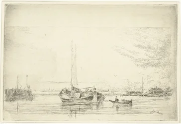 Vue de rivière avec barque et canot