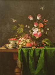 Nature morte de fruits et de fleurs avec un perroquet sur une table couverte d