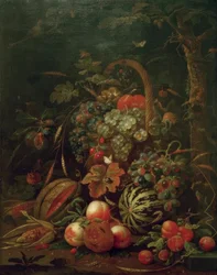 Nature morte avec panier de fruits, citrouille, melon et pêches sous un chêne