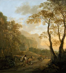 Paysage avec voyageurs au repos et charrette à bœufs, vers 1645