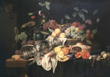 Nature morte avec flacon en étain, tarte aux fruits et fruits