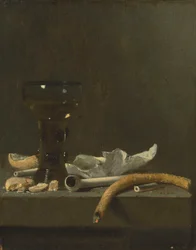 Nature morte avec un roemer, une pipe en terre et une bougie allumée sur une corniche