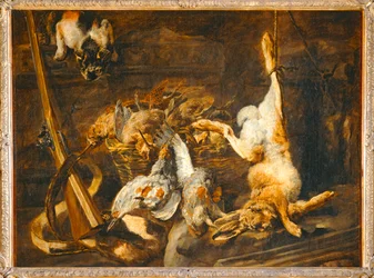 Gibier et attirail de chasse decouverts par un chat. Game and …