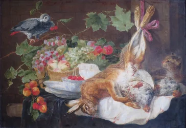 Lièvre, fruit et perroquet