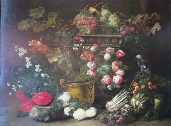Nature morte avec fleurs, fruits et perroquet