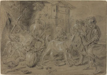 Nature morte avec deux enfants nourrissant des chèvres