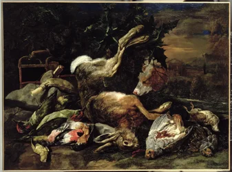 Nature morte avec un lièvre, des oiseaux chanteurs et un filet à oiseaux avec un épagneul au-delà